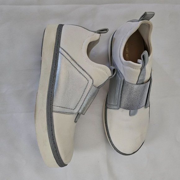 Stuart Weitzman Women's White Silver Slip-On Sneaker Size 6M - Picture 3 of 12